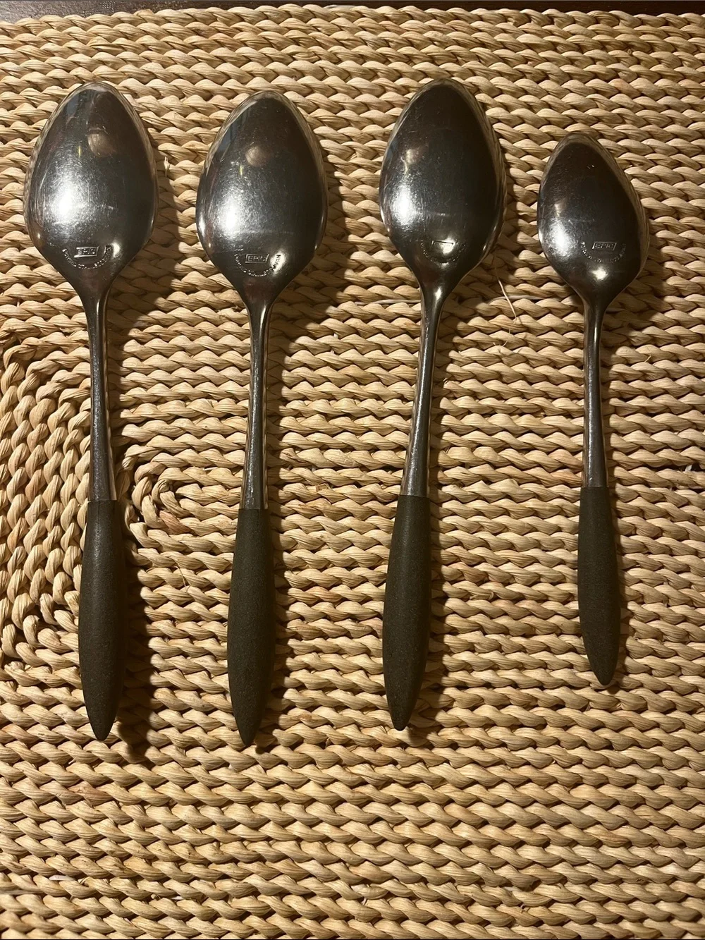 MCM Epic Forged Stainless 3 Large 1 Small Spoons w/Black Handles - Set of 4 Vtg